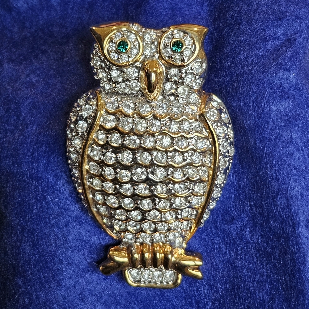 Owl  Brooch Crystal Rhinestones On Gold And Silver Clasp Pin 2.5" Large EUC